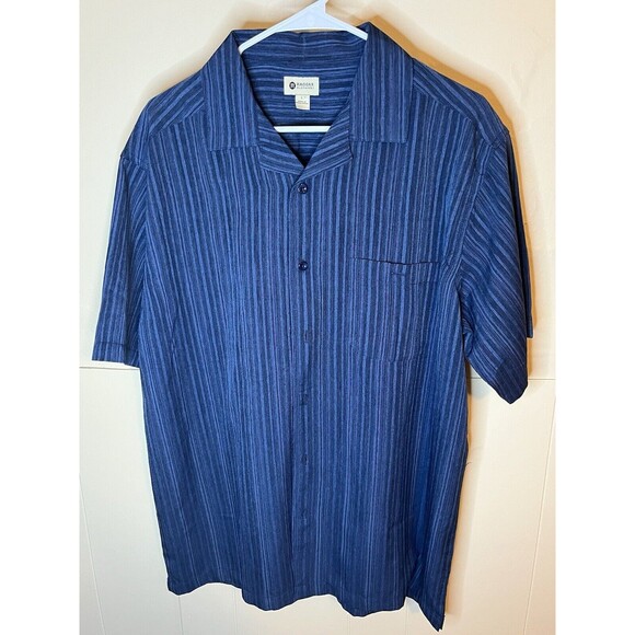 Haggar Men's Size Large Navy Blue Striped Short Sleeve Button Up Dress Shirt - Picture 1 of 6